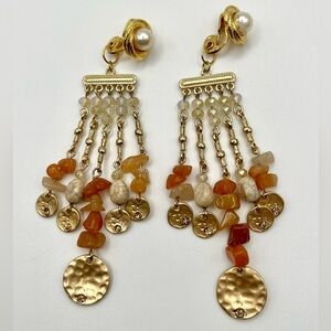 Vintage Monet Chandelier Clip-On Earrings Gold Tone Faux Pearl Gemstone Dangle